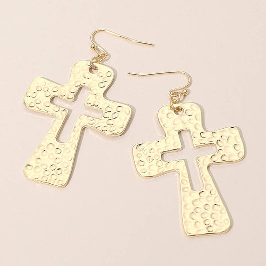 Hammered Metal Open Cross Drop Dangle Earrings: Gold