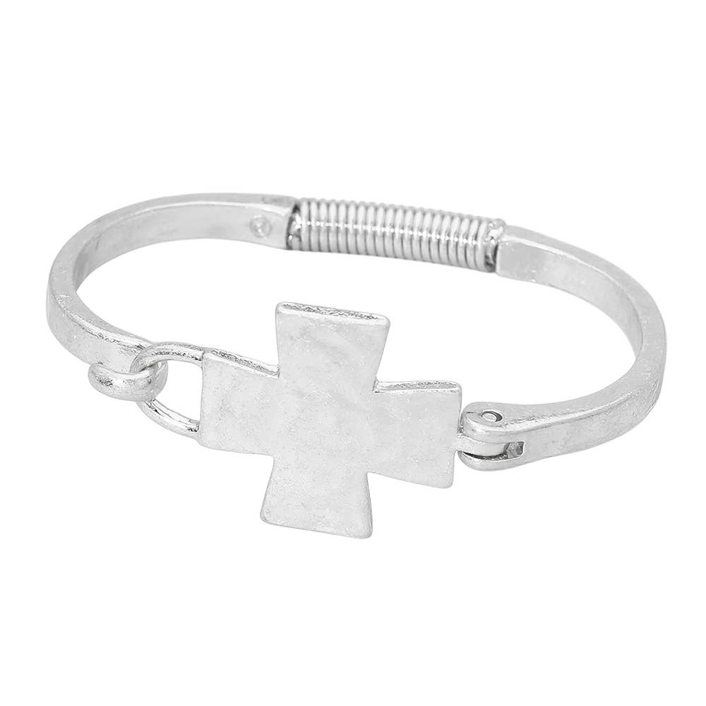 Hammered Metal Cross Accent Hinged Bangle Bracelet: Worn Gold