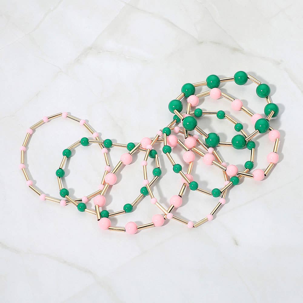 7PCS - Resin Ball Metal Bar Beaded Stretch Stackable Multi Layered Bracelets: Pink&Green