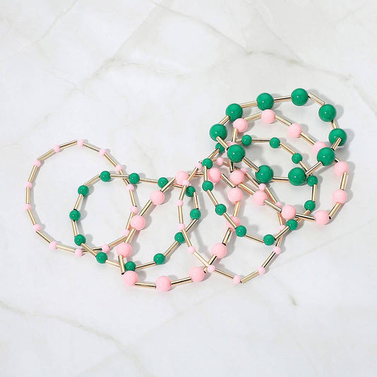 7PCS - Resin Ball Metal Bar Beaded Stretch Stackable Multi Layered Bracelets: Pink&Green
