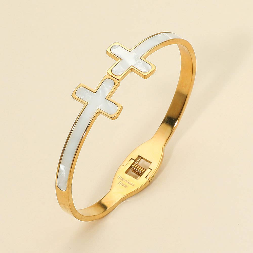 Stainless Steel Mother of Pearl Double Cross Tip Hinged Bangle Bracelet: Mother of Pearl,Silver