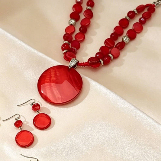 Round Pendant Beaded Necklace and Earrings Set: RED / One Size