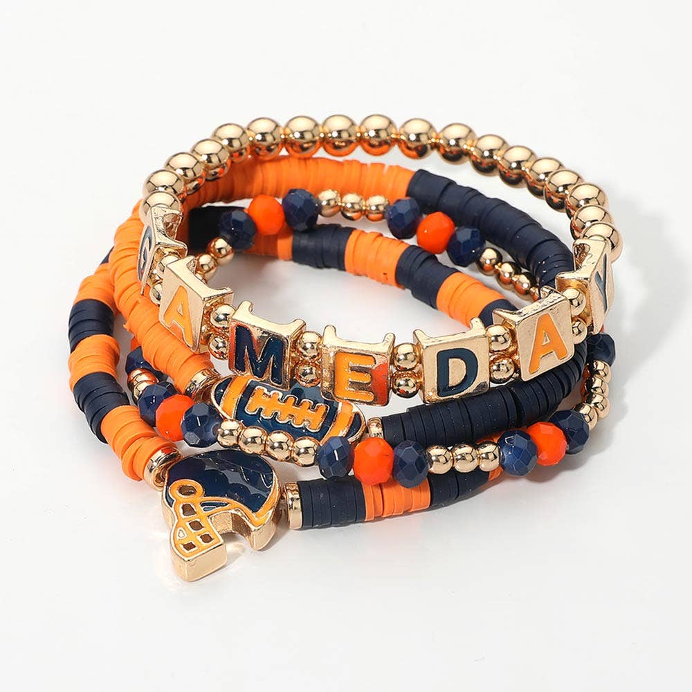 4PCS - GAMEDAY Football Charm Heishi Beaded Stretch Multi Layered Bracelets: Black Burgundy