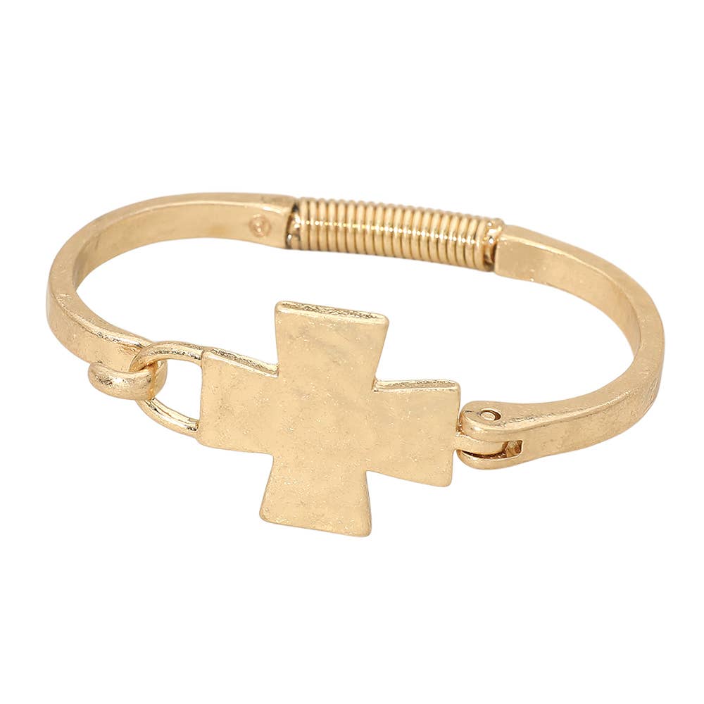 Hammered Metal Cross Accent Hinged Bangle Bracelet: Worn Gold
