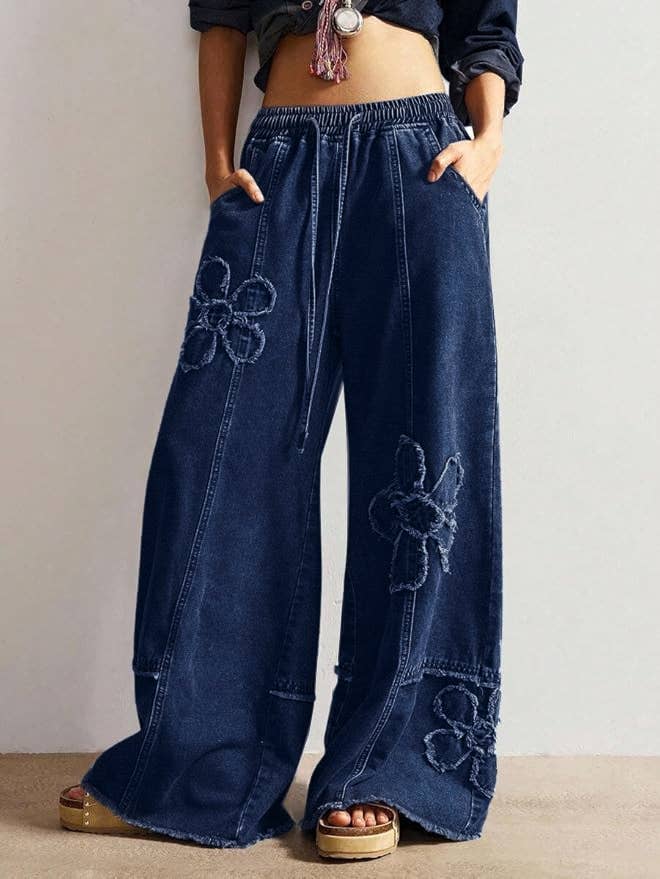 Western Boho Vintage Floral Drawstring Seamed Jeans: DarkBlue