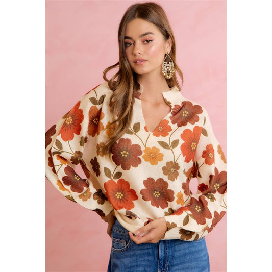 RETRO FLORAL PRINT V NECK RELAXED KNIT SWEATER: BROWN MULTI