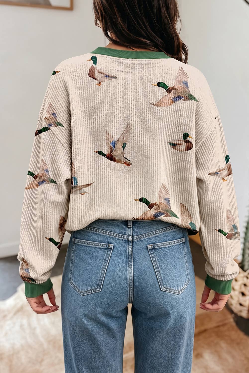 Twisted Ribbed Duck Crewneck Casual Pullover Sweatshirt: Beige /