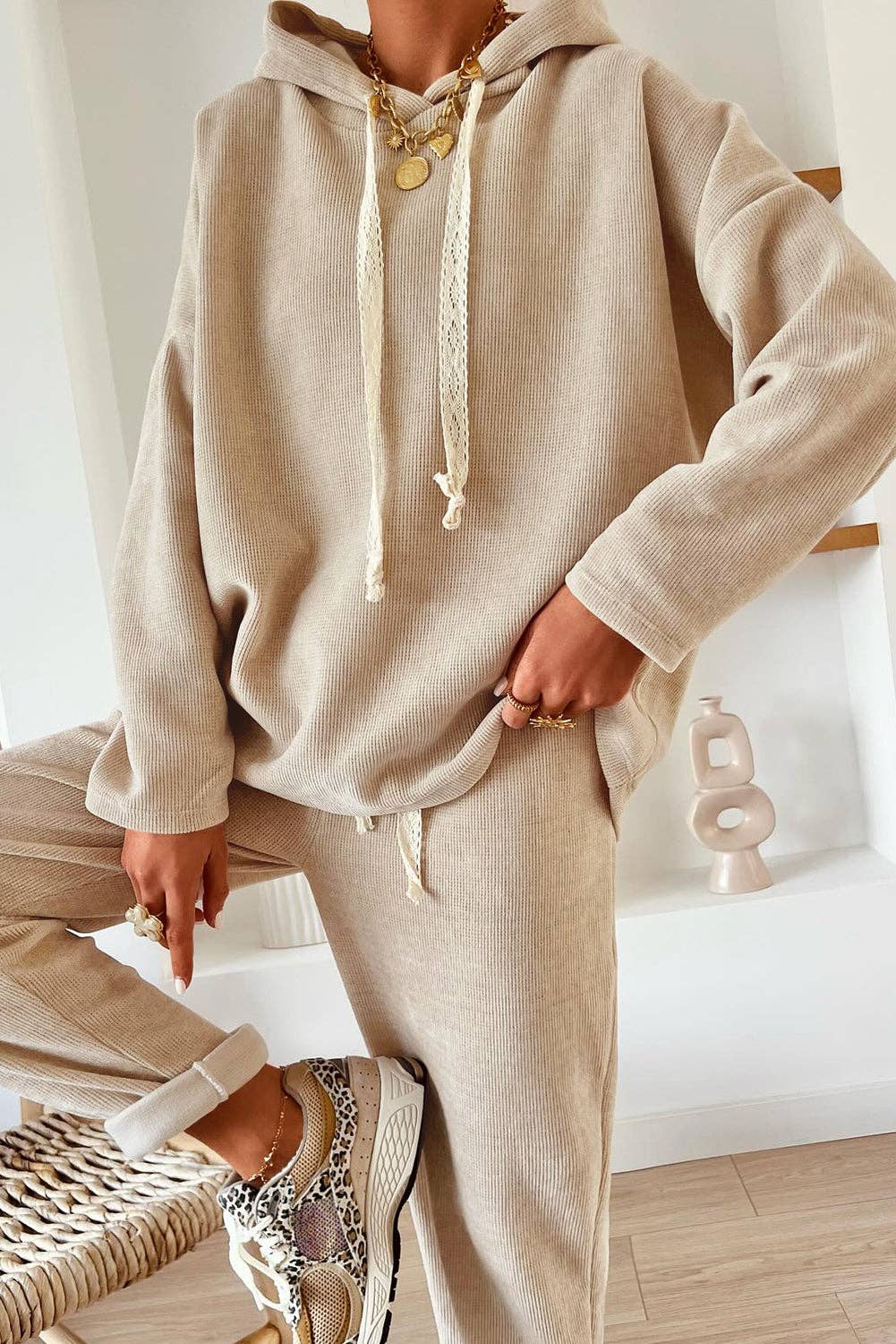 Parchment Leopard Drawstring Pullover Hoodie and High Waist Pants Corduroy Suit: Parchment / 42.5%Polyester+40%Viscose+16%Polyamide+1.5%Elastane