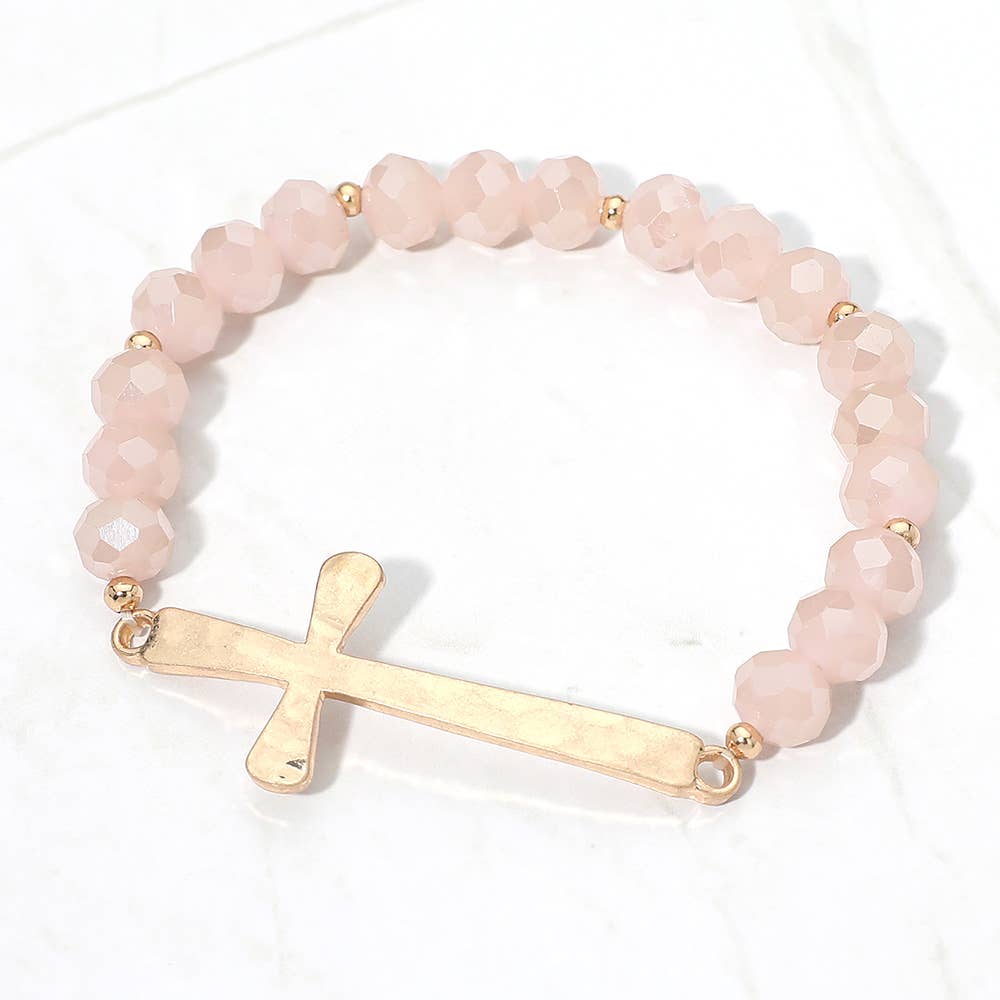 Brushed Hammered Metal Cross Accent Faceted Beaded Stretch Bracelet: Light Blue