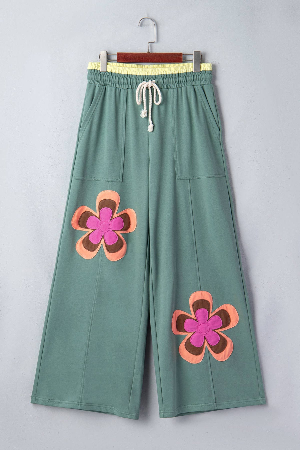 Floral Patch Drawstring Contrast Wide Leg Pants: Sea Green