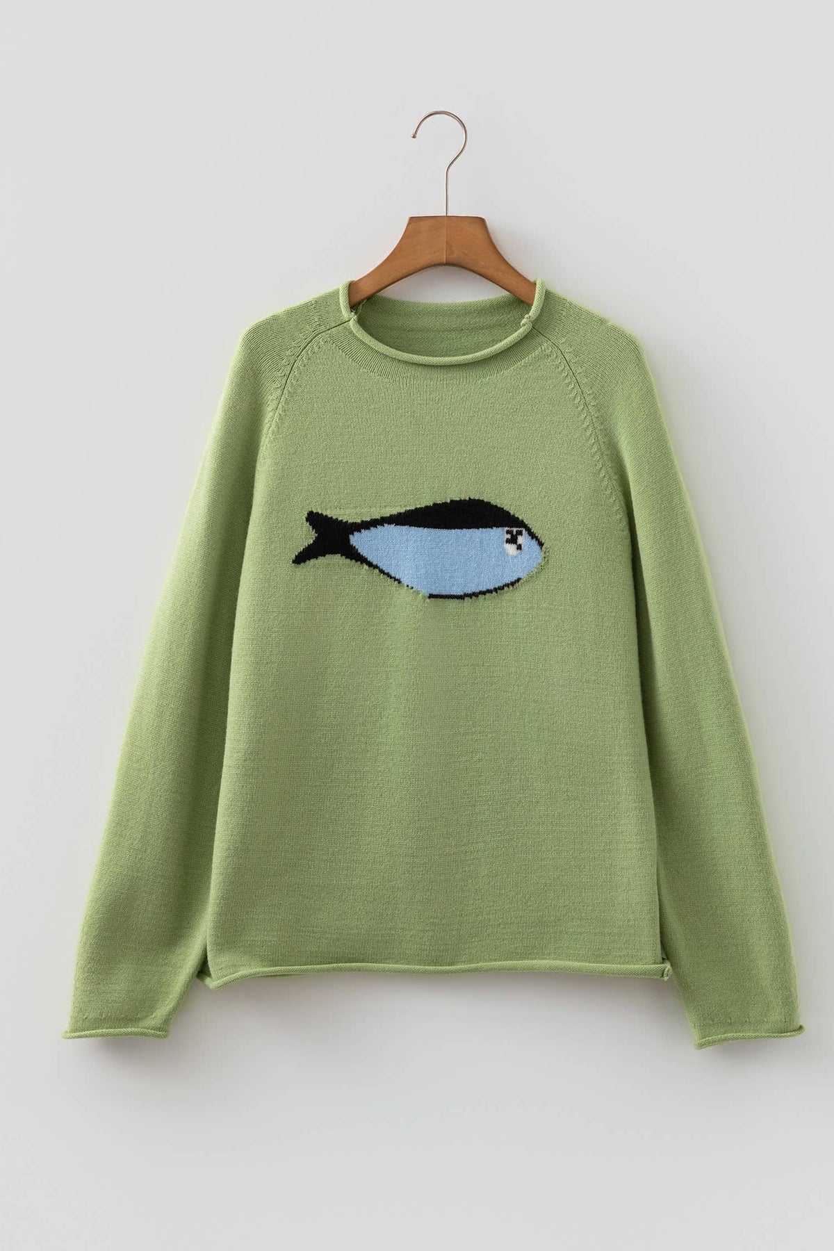 LDC Marine Fish Pattern Raw Edge Loose Sweater Cardigan|S-4X: Meadow Mist Green