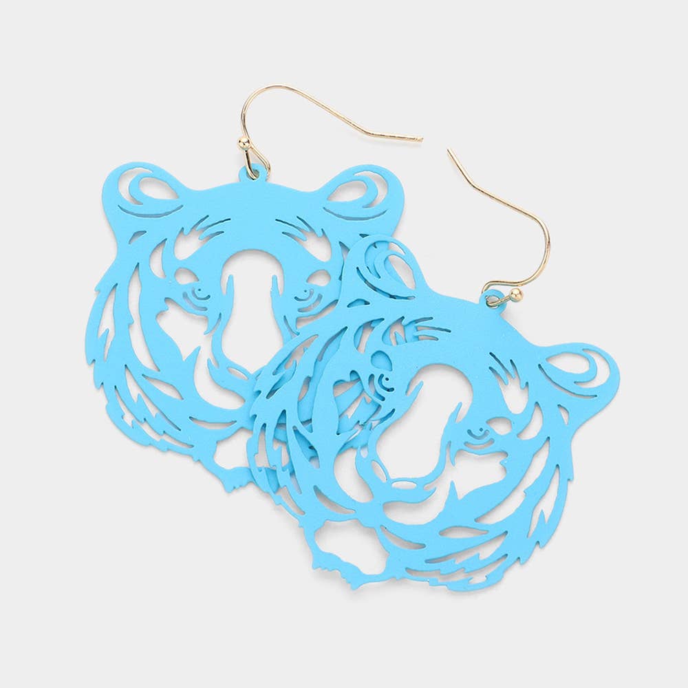 Brass Metal Cut Out Tiger Dangle Earrings: Silver