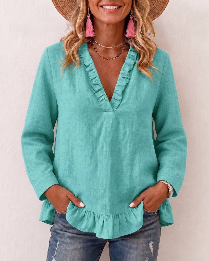 Boho Ruffle Trim V Neck Long Sleeve Casual Blouse: Khaki