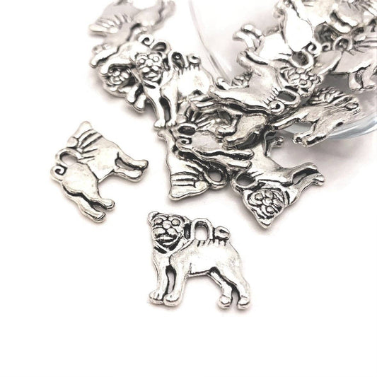 Silver Pug Dog Charms, 16x15mm: 4 Pieces