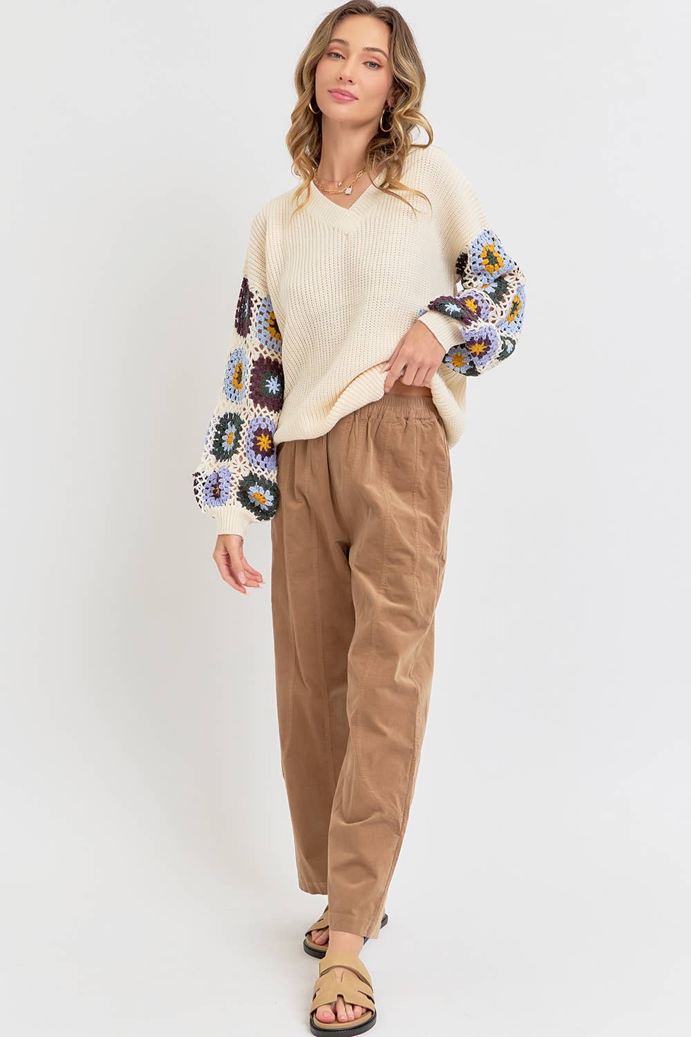 CROCHET PATCHWORK SWEATER: IVORY/ORANGE / Contemporary