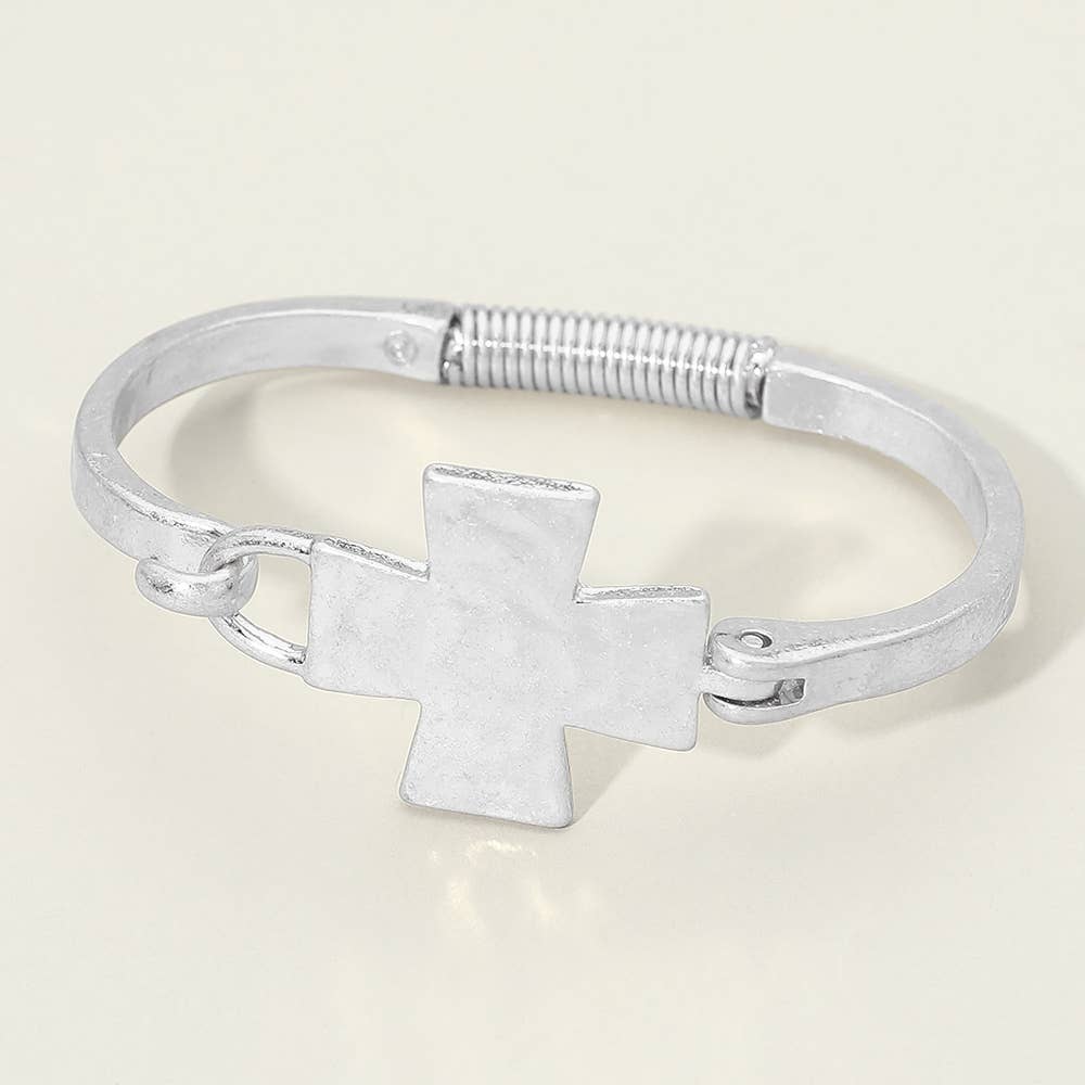 Hammered Metal Cross Accent Hinged Bangle Bracelet: Worn Gold