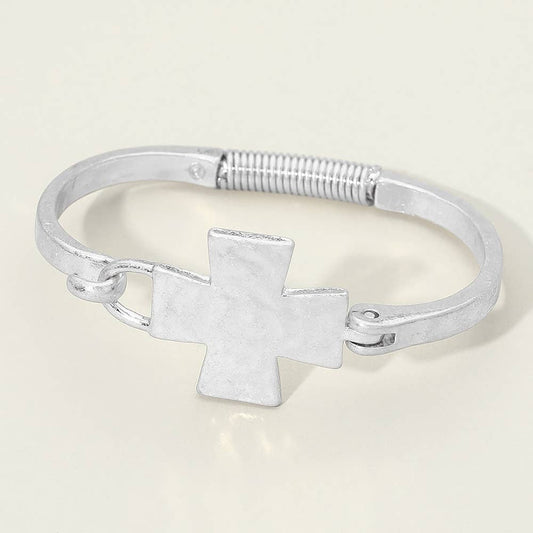 Hammered Metal Cross Accent Hinged Bangle Bracelet: Worn Silver
