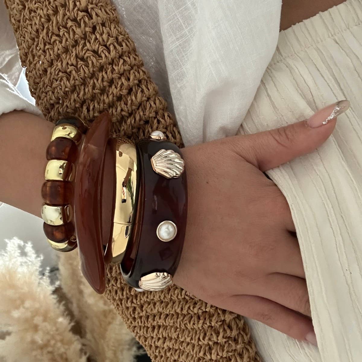 Pearl & Shell Accent Resin Bangle Bracelet: 1