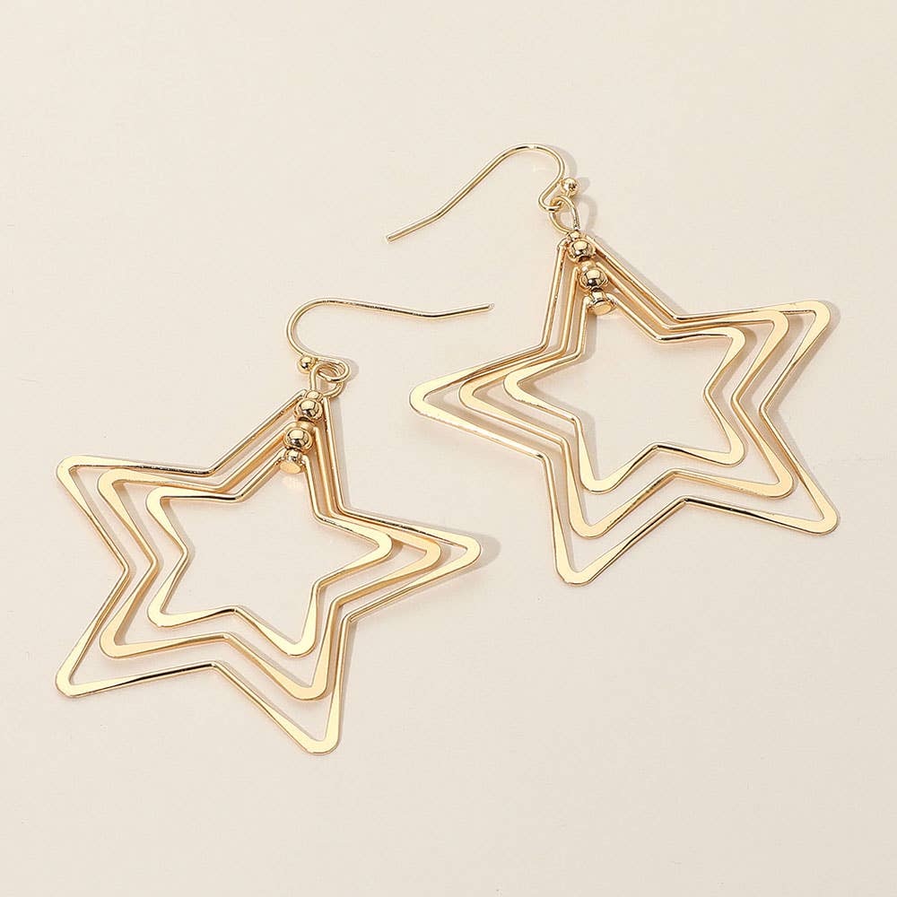 Layered Open Metal Star Dangle Earrings: Multi,Two Tone