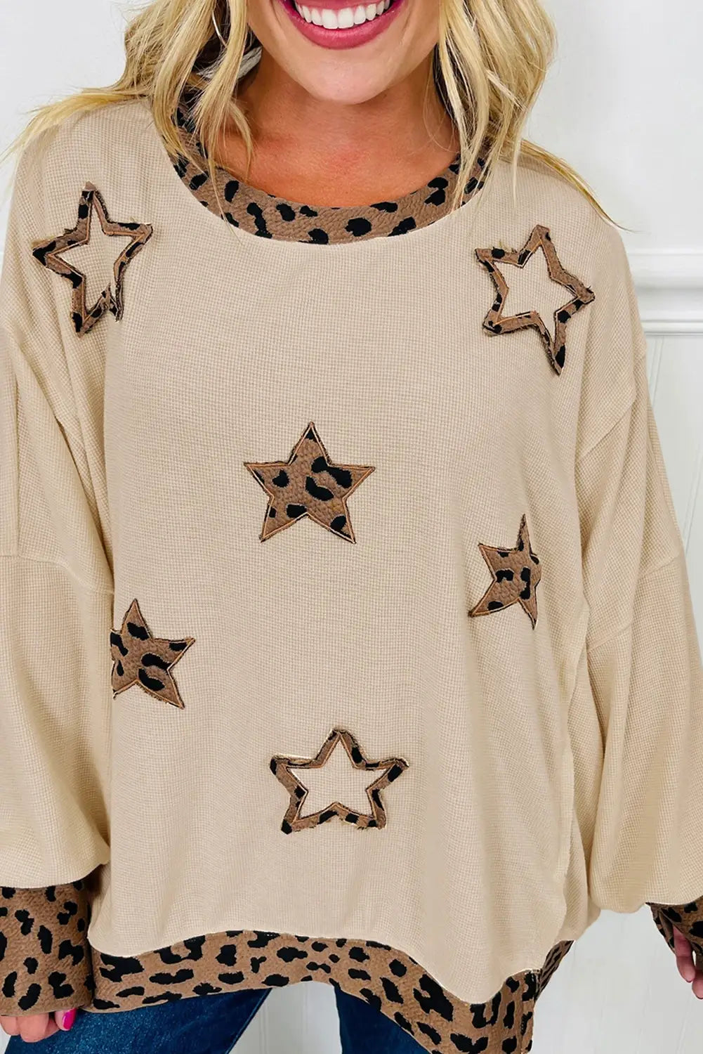 Leopard Star Patchwork Detail Raw Seam Baggy Sweatshirt: Beige
