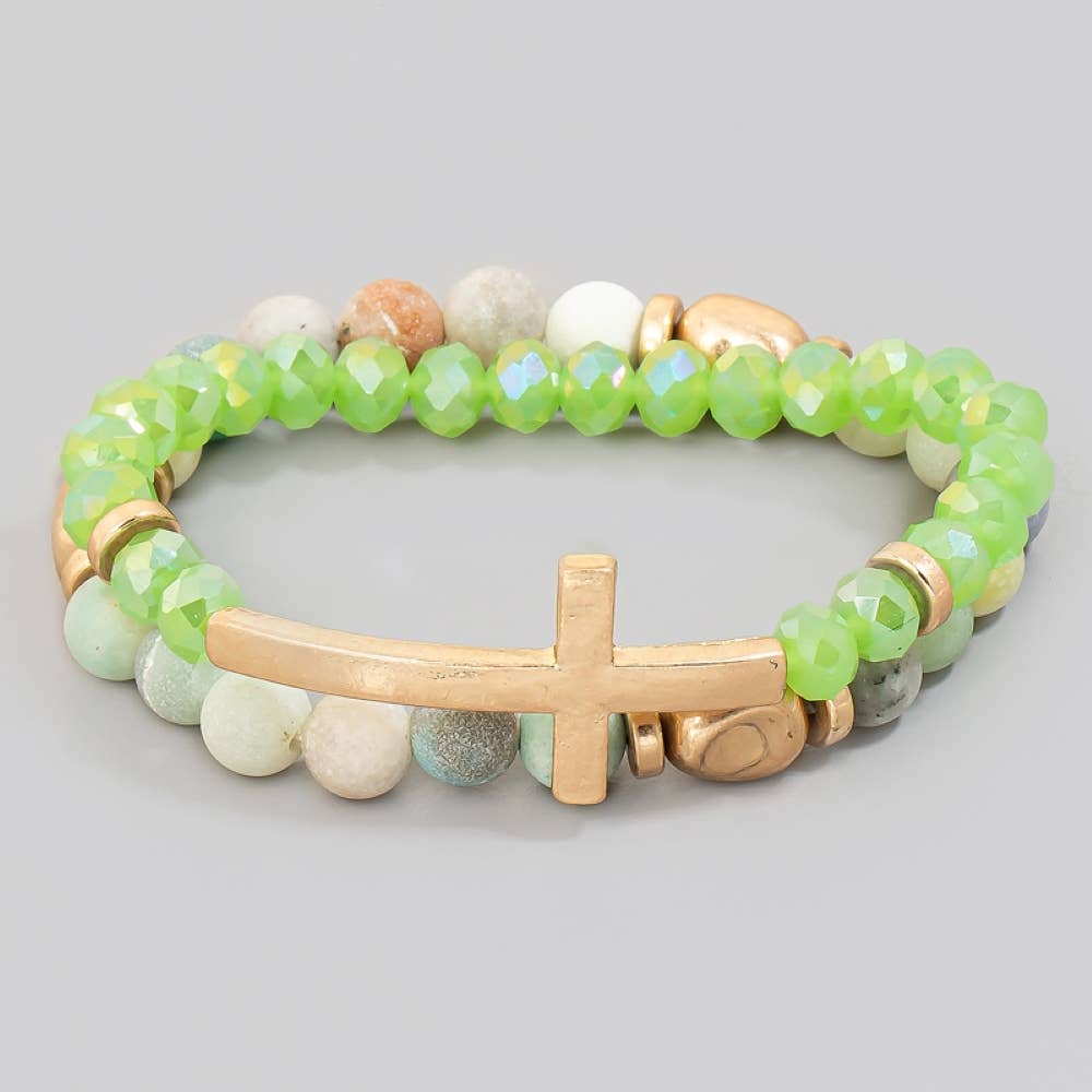 Cross Charm Stone Beaded Bracelet Set: LCTWG
