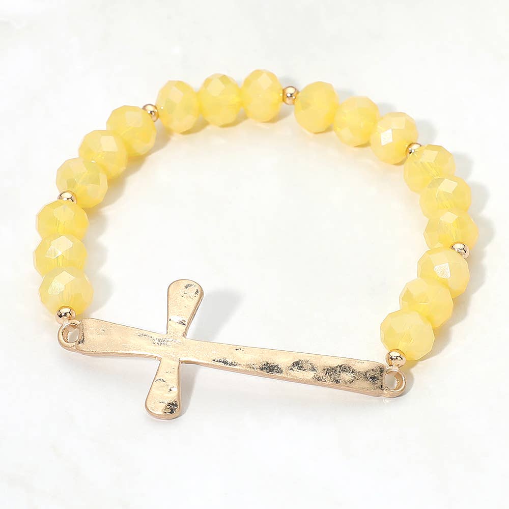 Brushed Hammered Metal Cross Accent Faceted Beaded Stretch Bracelet: Light Blue