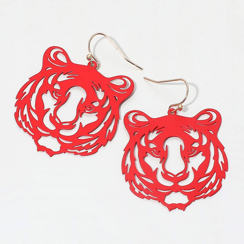 Brass Metal Cut Out Tiger Dangle Earrings: Silver