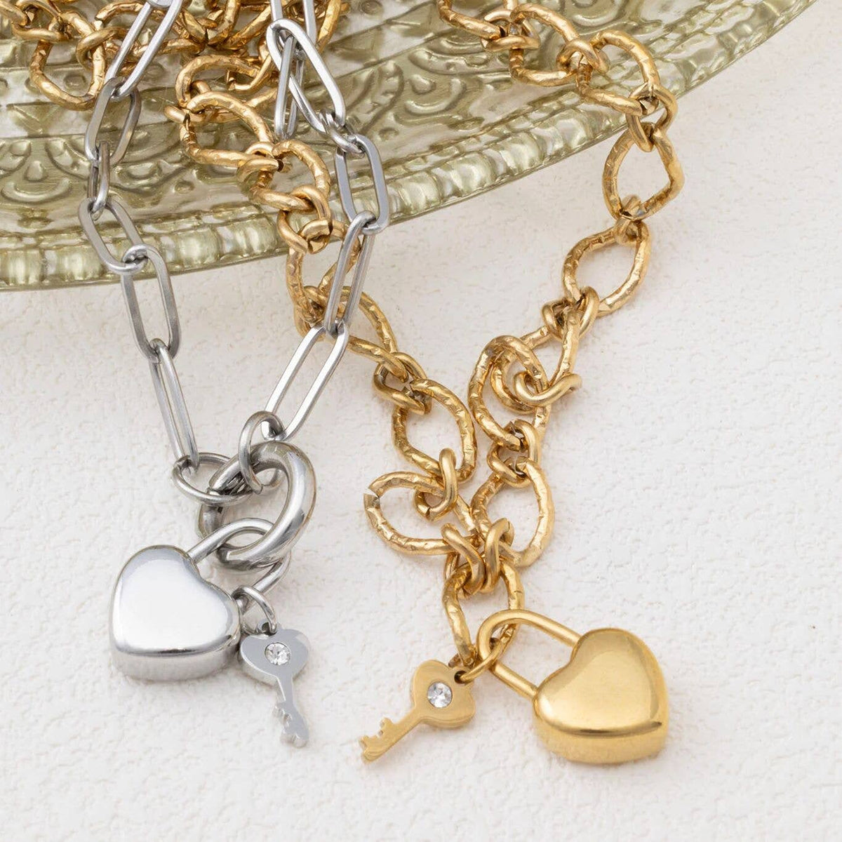 18K Gold PVD Stainless Steel Heart Lock and Key Charm: Gold