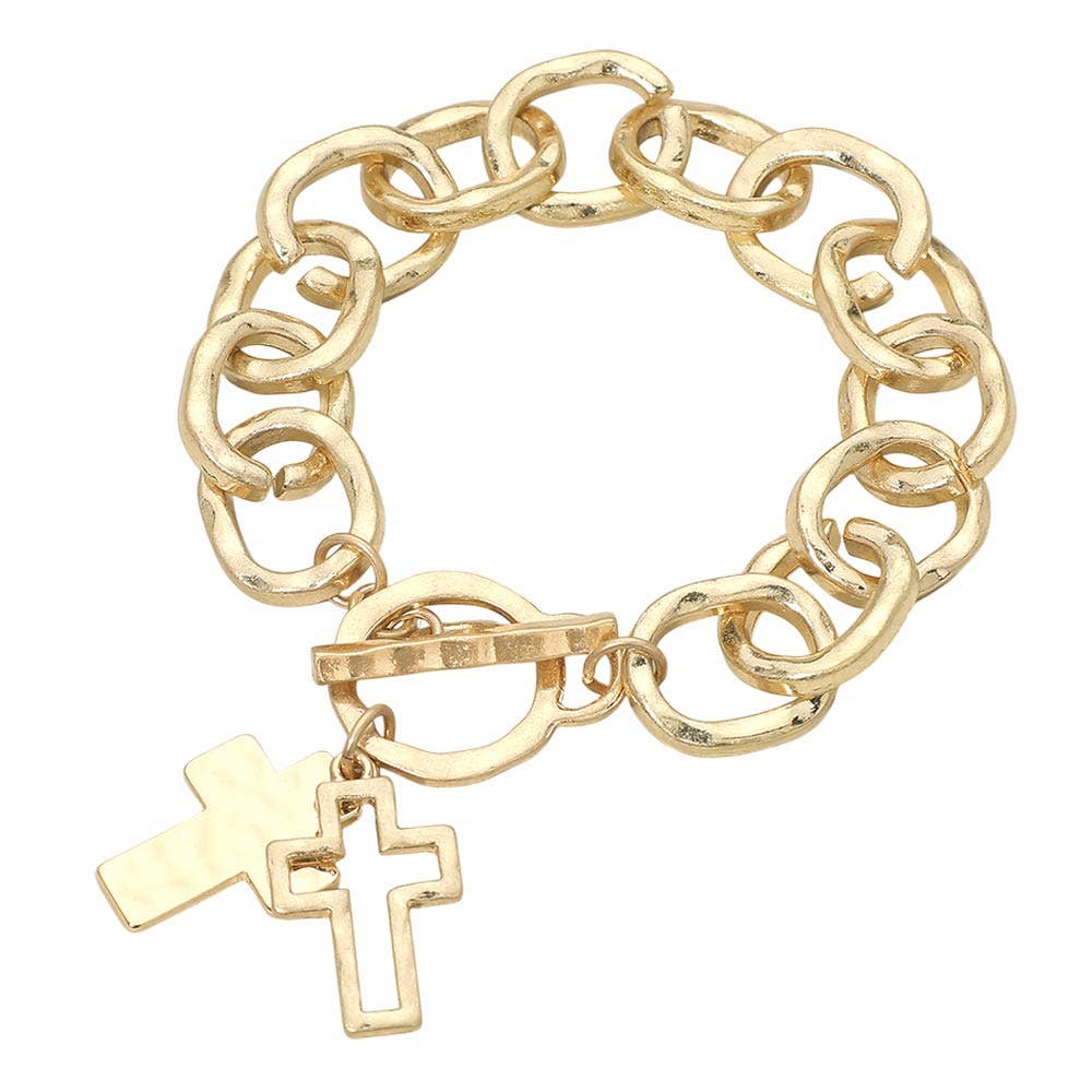 Hammered Layered Cross Charm Chunky Chain Toggle Bracelet: Worn Gold,Worn Silver