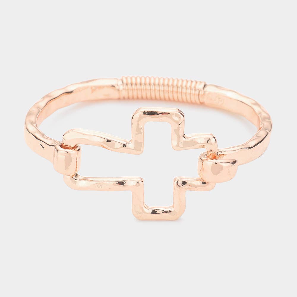 Hammered Open Metal Cross Hook Bracelet: Worn Silver