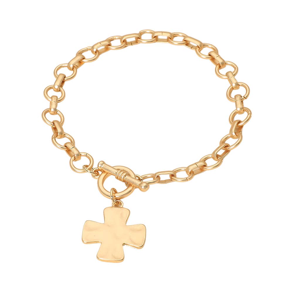 Matte Hammered Metal Cross Charm Toggle Chain Link Bracelet: Gold