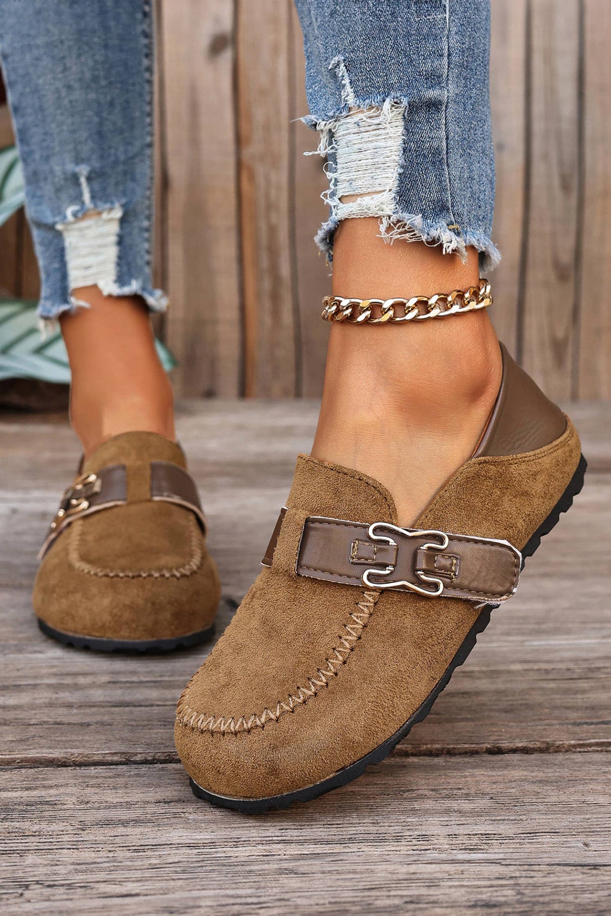 Faux Suede PU Leather Patchwork Retro Buckle Slip On Shoes: Khaki