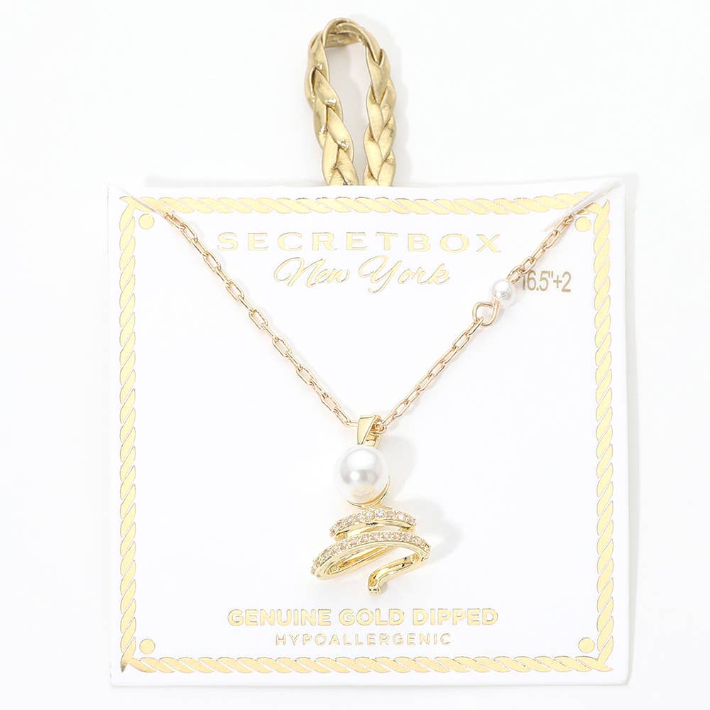 SECRET BOX_Genuine Gold Dipped Pearl Rhinestone Pave Swirl Christmas Tree Pendant Necklace