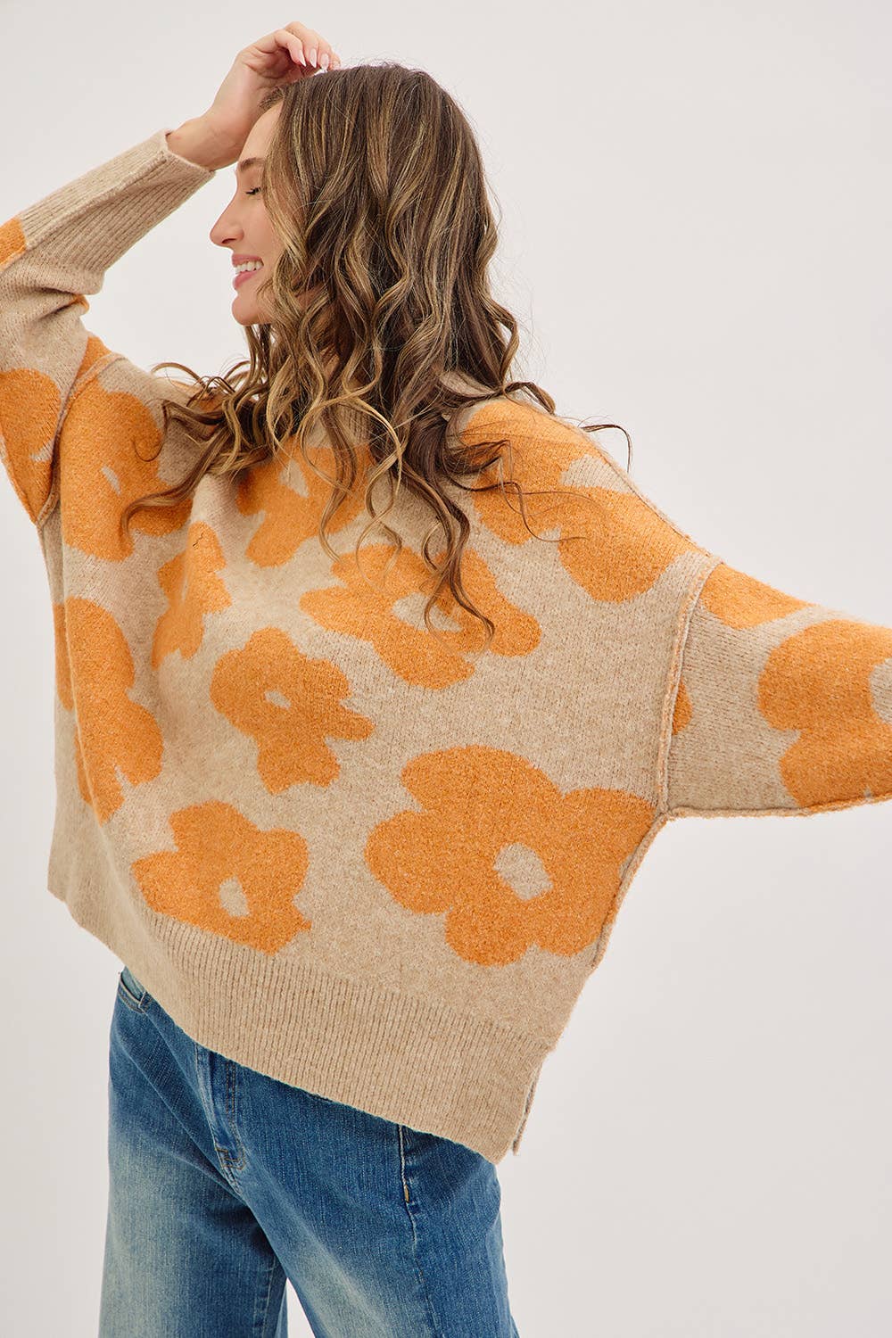 CREW NECK FLORAL LOOSE FIT SWEATER KNIT TOP: PUMPKIN PURPLE / Contemporary