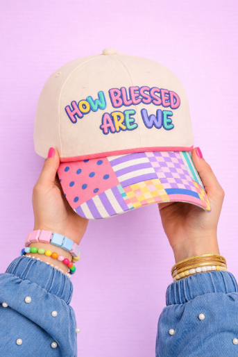"How Blessed Are We" on Tan Cap With Patch Work: Tan / One Size