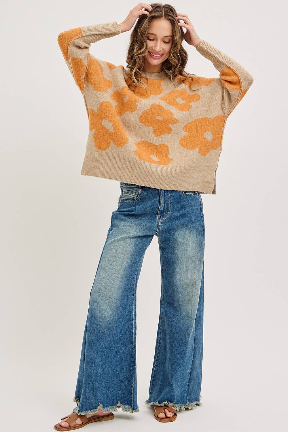 CREW NECK FLORAL LOOSE FIT SWEATER KNIT TOP: PUMPKIN PURPLE / Contemporary