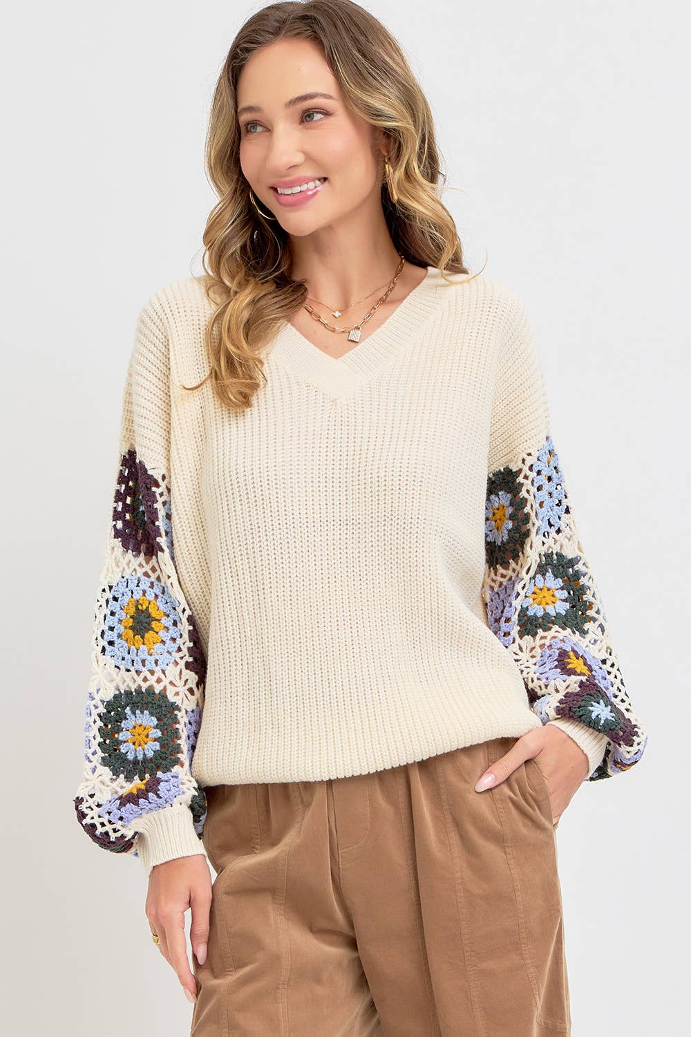 CROCHET PATCHWORK SWEATER: IVORY/ORANGE / Contemporary