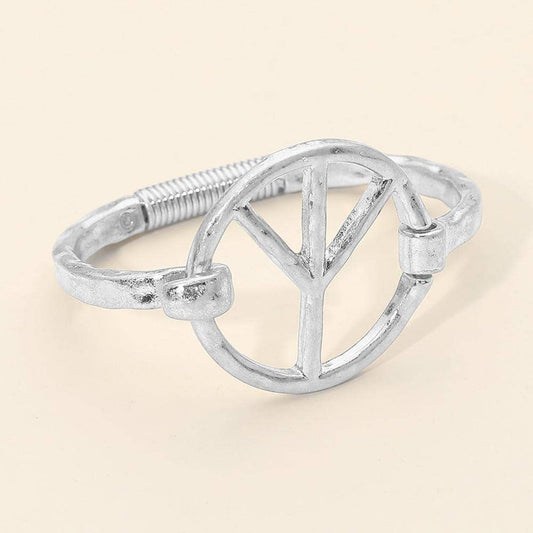 Worn Metal Peace Symbol Bangle Bracelet: Worn Silver