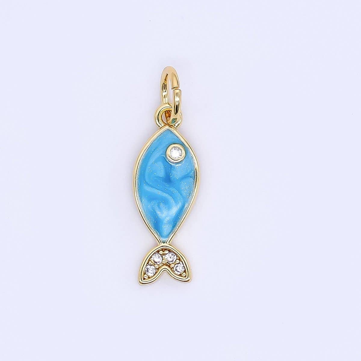 24K Gold Filled 16mm Micro Paved CZ Ocean Tiny Fish Enamel Charm | W167: Blue