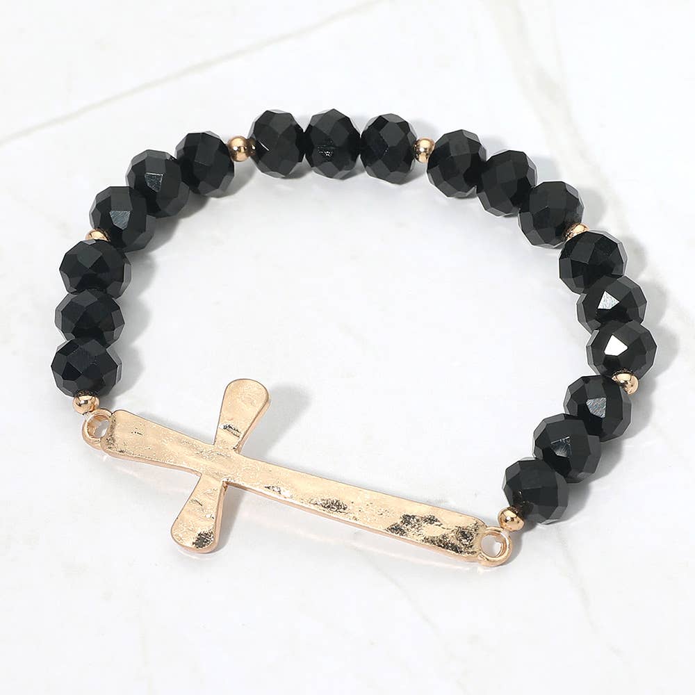 Brushed Hammered Metal Cross Accent Faceted Beaded Stretch Bracelet: Light Blue
