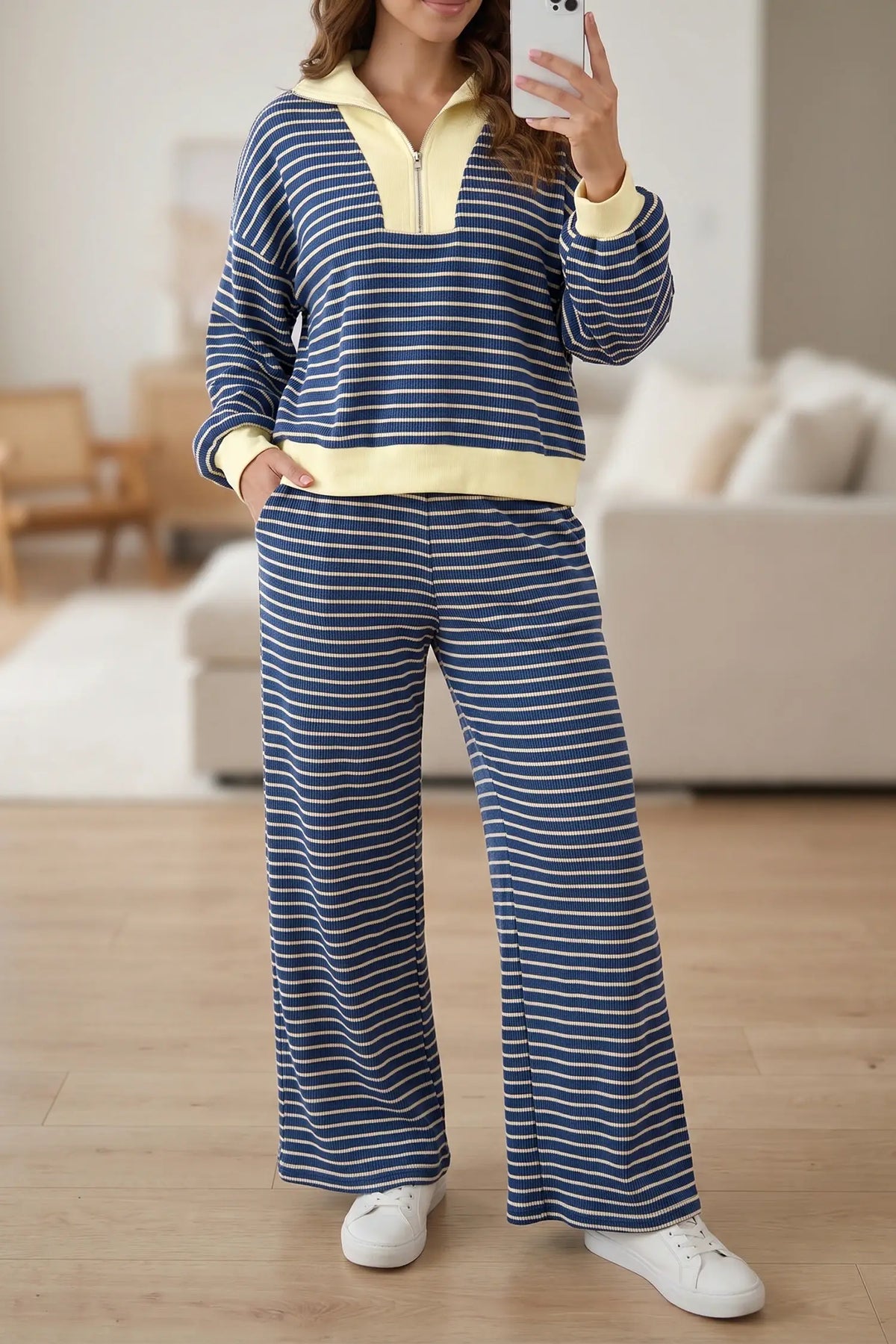 Color Block Patchwork Zip V Neck Pullover Pants 2pcs Set: Blue Stripe / XL