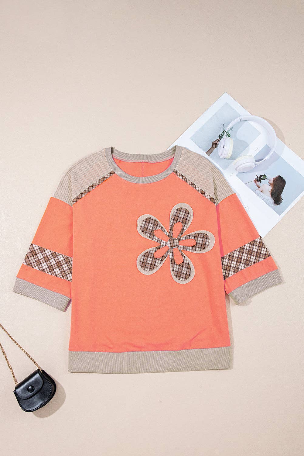 Grapefruit Orange Plaid Waffle Flower Patchwork Bracelet Sleeve Top: Grapefruit Orange / 95%Cotton+5%Elastane