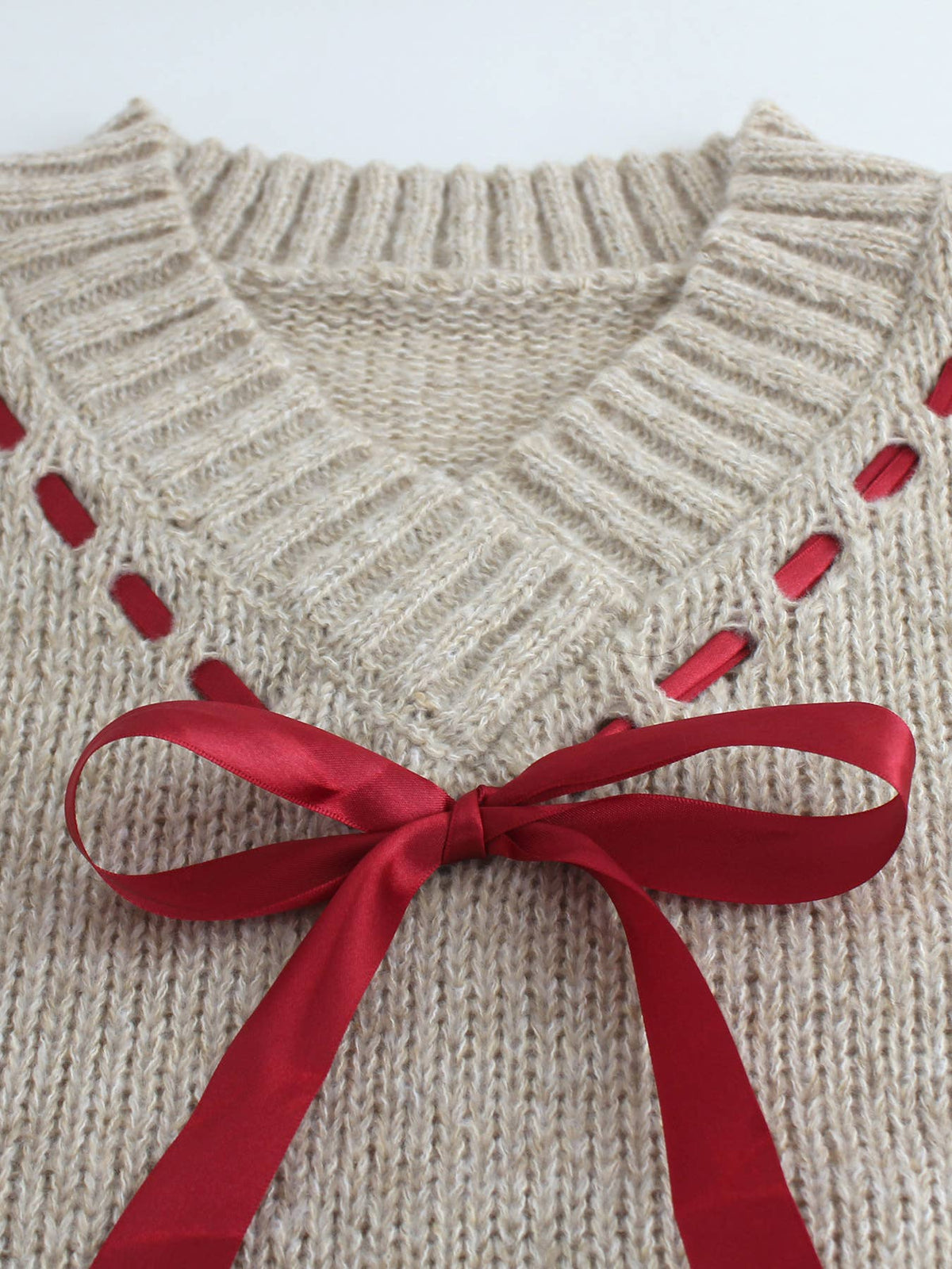 V-Neck Red Ribbon Lace-Up Ribbed Knit Pullover Sweater: Khaki