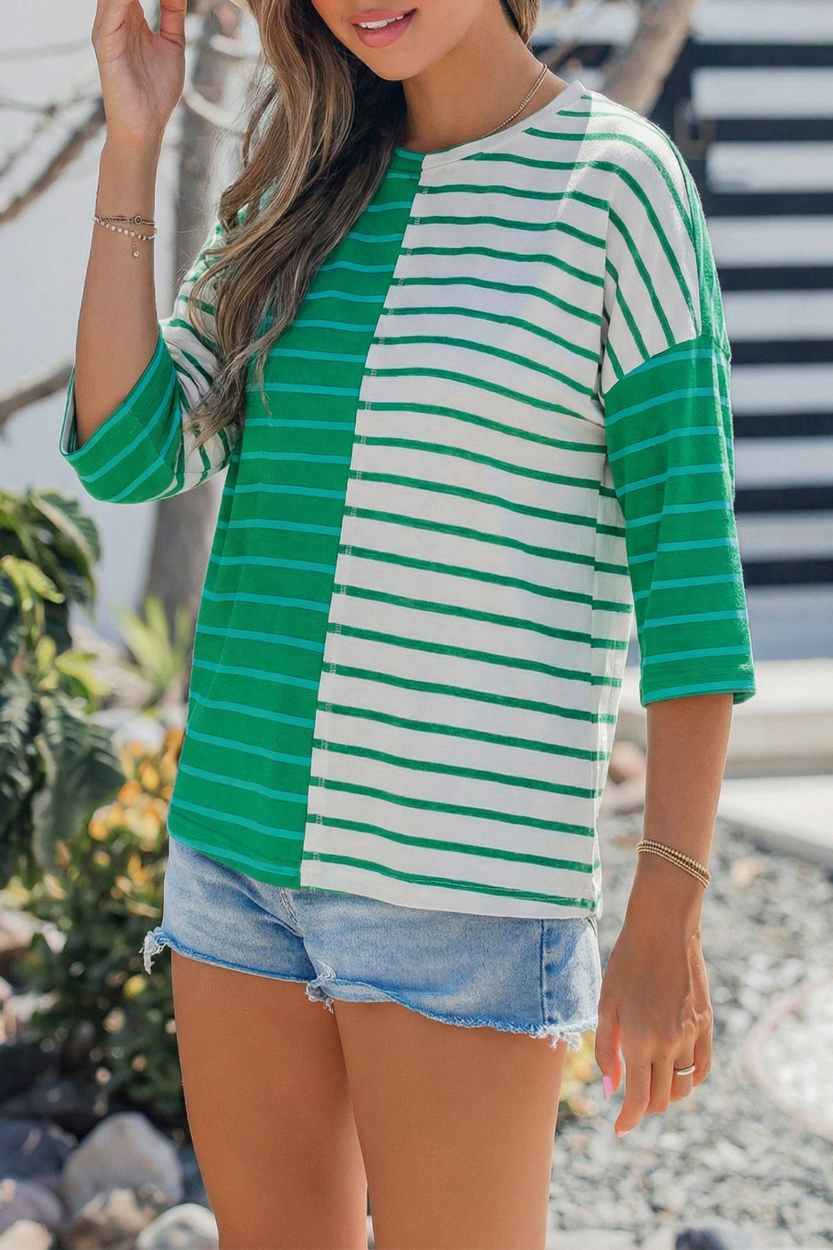Colorblock 3/4 Sleeve Loose T Shirt: Green Stripe