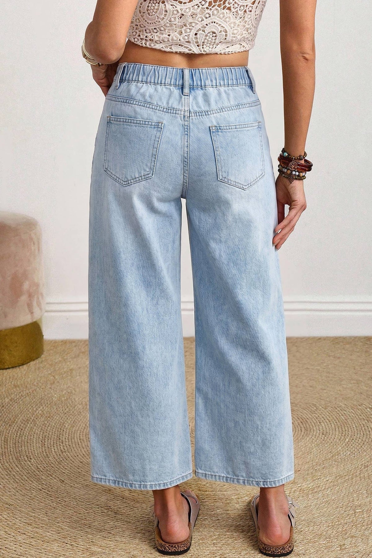 66 Solid Color Square Patch Pocket Ankle-length Barrel Jeans: Brown