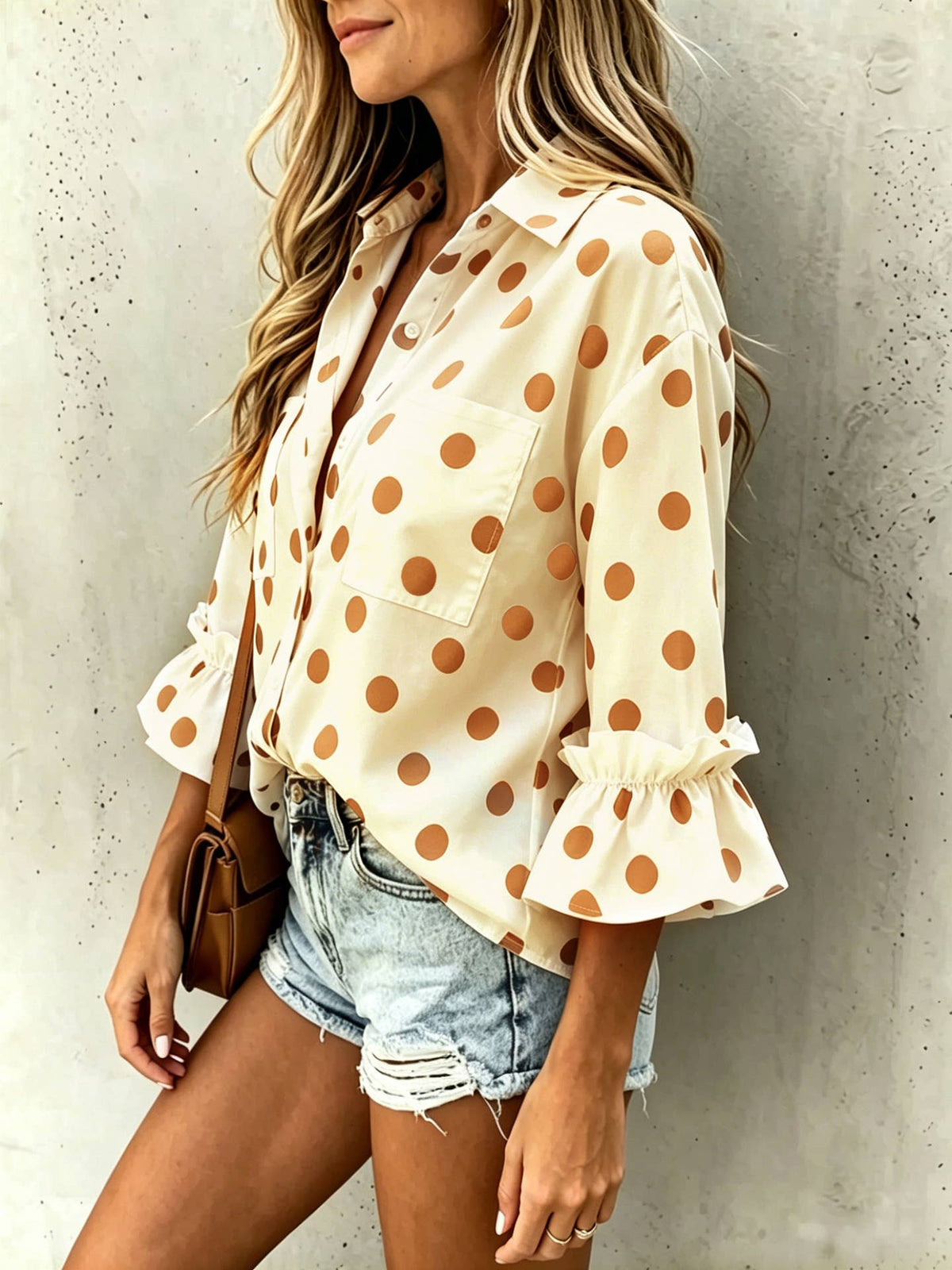 Polka Dot ruffle 3/4 sleeve button up blouse: White
