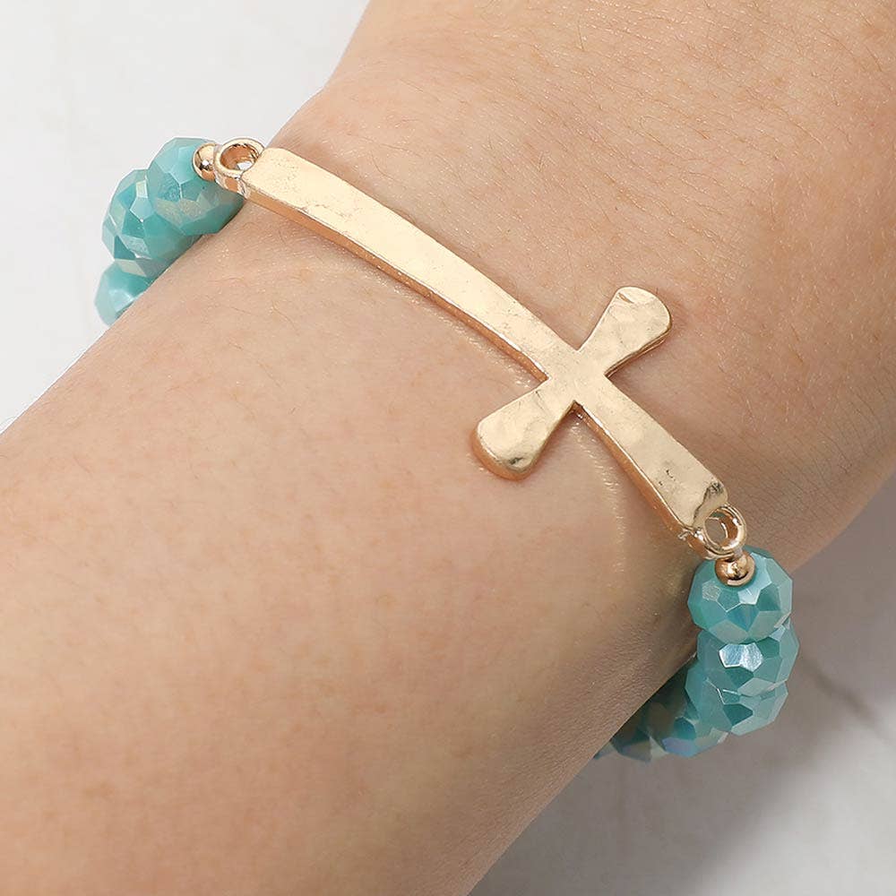 Brushed Hammered Metal Cross Accent Faceted Beaded Stretch Bracelet: Light Blue