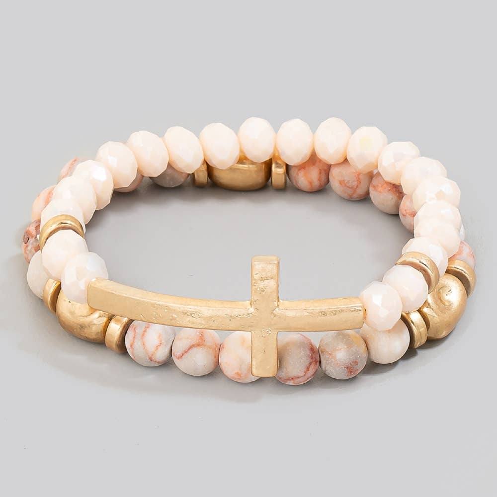 Cross Charm Stone Beaded Bracelet Set: LCTWG