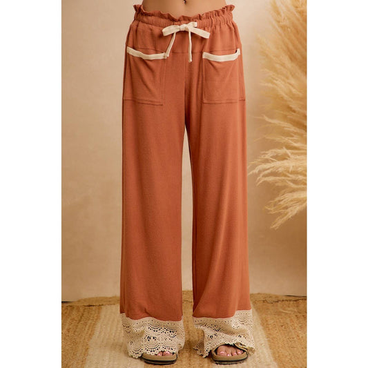 SOLID RIB KNIT CROCHET LACE HEM WITH DOUBLE POCKET PANTS: RUST