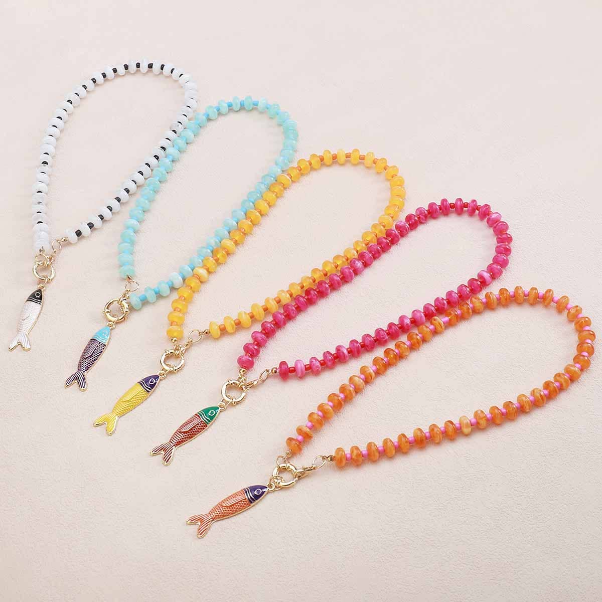 Beaded Fish Pendant Statement Necklace: Orange